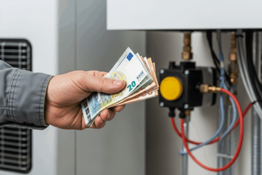 Installateur montiert Wärmepumpe bei Fachkräftemangel