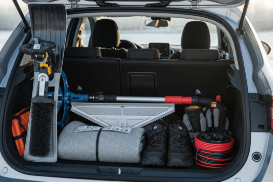 Winterausrüstung im Auto mit Eiskratzer und Schneebesen