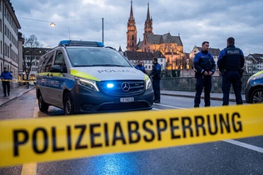 Polizeifahrzeug mit Blaulicht und aufmerksamen Polizisten vor dem Basler Münster bei Dämmerung. Absperrband deutet auf eine Szene zu den Polizeimeldungen Region Basel hin.
