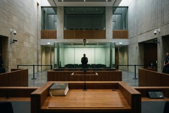 Moderner Gerichtssaal mit hochsicherem Glaskasten für den Angeklagten. Davor liegt ein Gesetzbuch auf dem Richtertisch. Schwere Atmosphäre des Prozess Magdeburg Attentat.