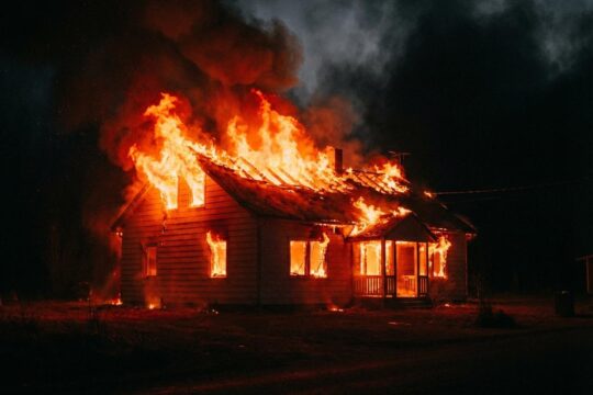 Der verheerende Wohnhausbrand in Glashütten zeigt ein Einfamilienhaus, dessen Dach und Fenster in Flammen stehen. Dichter Rauch steigt in den Nachthimmel.