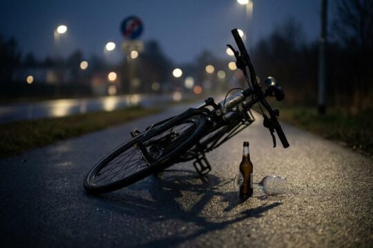 Ein modernes Fahrrad liegt schief neben einer Bierflasche auf nassem Asphalt bei Dämmerung. Dies verdeutlicht die Gefahr der Promillegrenze Fahrrad.