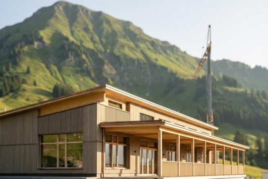 Der Fortschritt des Umbaus Talrestaurant Kronberg: Moderne Holz-Glas-Architektur mit einladender, wettergeschützter Terrasse am grünen Berg. Ein Baukran im Hintergrund.