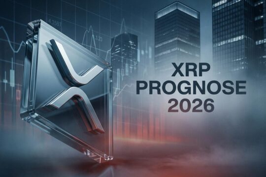 Das geneigte 3D-XRP-Logo vor einer nebligen, digitalen Finanzlandschaft mit warnenden Rottönen visualisiert die kritische XRP Prognose 2026.