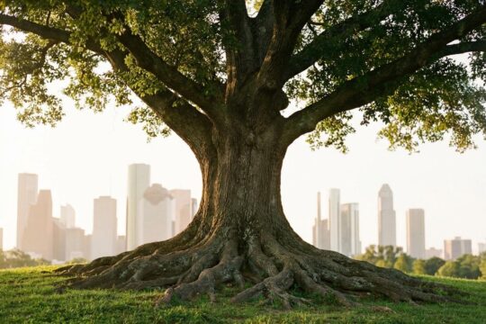 Ein imposanter, alter Baum mit massiven Wurzeln auf grüner Anhöhe. Er veranschaulicht das langfristige Unternehmensstabilität aufbauen vor einer modernen Stadtlandschaft im Morgenlicht.
