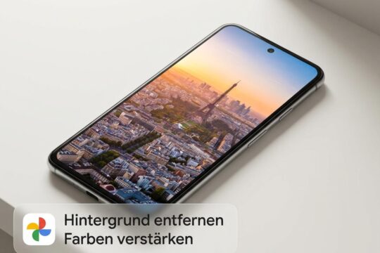 Ein Smartphone demonstriert die Google Fotos KI-Bearbeitung: Stadtpanorama, von der KI perfektioniert, mit entfernter Person und Textbefehl.