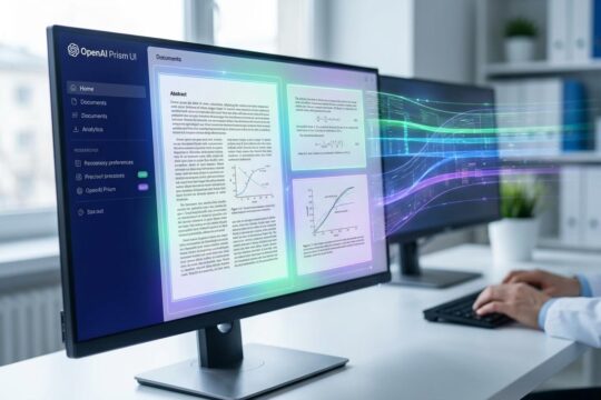 Eleganter Monitor im OpenAI Prism KI-Workspace zeigt wissenschaftliche Dokumente. Leuchtende Overlays analysieren Daten, während Forschende am Keyboard tippen.