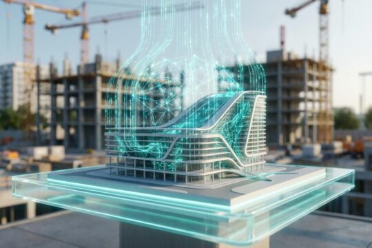 Architekturmodell auf Hologramm-Tisch, umgeben von leuchtenden Datenströmen, zeigt die KI-Integration im Bauwesen. Im Hintergrund eine moderne Baustelle.