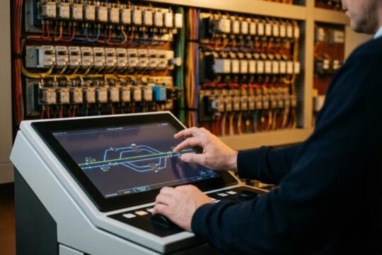 Hände steuern moderne Konsole mit Gleisdiagrammen. Im unscharfen Hintergrund zeigen Relais die Entwicklung der Stellwerkstechnik für sichere Züge.