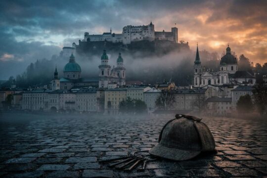 Hohensalzburg und Altstadt im Nebel. Himmel in Blau-Orange symbolisiert den Salzburg Krimi von ARD und ZDF. Detektivhut und Schlüssel auf nassem Pflaster.