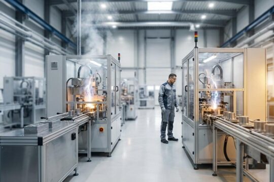 Ingenieur blickt auf hochmoderne Fertigung in Rheinmetalls Werk Silberhütte. Die Rheinmetall Investition Silberhütte schafft viele neue Jobs.
