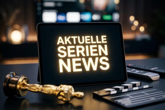 Ein Tablet zeigt die Schlagzeile 'AKTUELLE SERIEN NEWS', daneben ein goldener Award und ein Clapperboard. Im Hintergrund sind Fernbedienungen in einem luxuriösen Studio zu sehen.