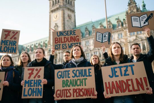 Entschlossenes Bildungspersonal demonstriert mit "7% Mehr Lohn"-Schildern vor dem Hamburger Rathaus. Warnstreik Bildungssektor Hamburg.