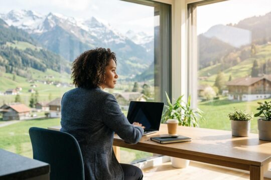 Eine Person arbeitet konzentriert am Laptop am Schreibtisch. Im Hintergrund erstrecken sich die sonnigen Schweizer Alpen, ideal für Arbeiten in der Schweiz.