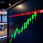 Aufwärtsstrebender Börsenchart: ProSiebenSat.1 Aktie Kursziel 5,00 € an roter Widerstandslinie mit TV-Kulisse im Hintergrund.