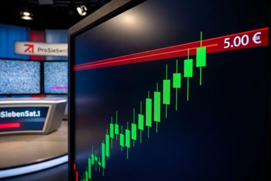 Aufwärtsstrebender Börsenchart: ProSiebenSat.1 Aktie Kursziel 5,00 € an roter Widerstandslinie mit TV-Kulisse im Hintergrund.