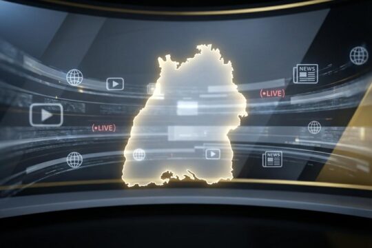Stilisierte Landkarte Baden-Württembergs, umgeben von Datenströmen und News-Icons, symbolisiert die Vielfalt aktueller Nachrichten aus Baden-Württemberg heute.