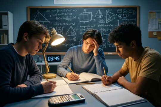 Drei konzentrierte Teenager knobeln nachts um 03:45 Uhr an Matheaufgaben. Formeln und Rechner bezeugen den 24 Stunden Mathe Marathon.