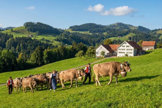 Appenzeller Alpaufzug mit geschmückten Kühen und Bauern in Tracht auf grünem Hügel – eine klassische Appenzeller Bauernmalerei.