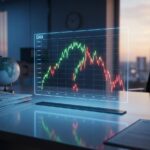 Holografischer DAX-Chart mit volatiler Linie auf Finanz-Desktop. Geopolitik, Berichte und Kalender reflektieren den DAX Ausblick kommende Woche.