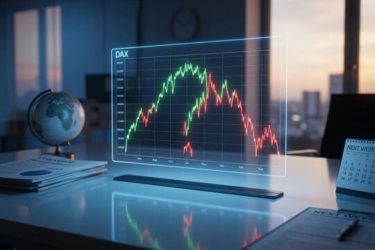 Holografischer DAX-Chart mit volatiler Linie auf Finanz-Desktop. Geopolitik, Berichte und Kalender reflektieren den DAX Ausblick kommende Woche.