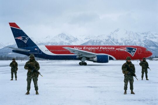 Das ikonische New England Patriots Flugzeug steht auf einer verschneiten Rollbahn, umgeben von US-Marines in Wintermontur vor schneebedeckten Bergen.