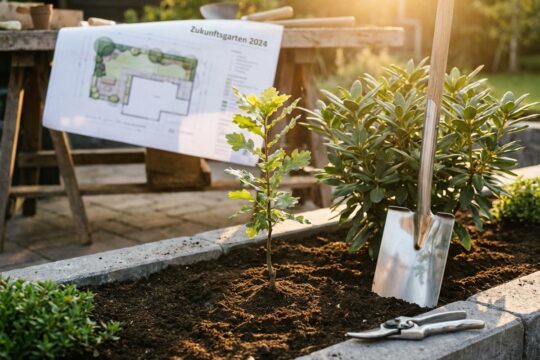 Frisch gepflanzter Baum, glänzende Gartengeräte und ein Bauplan symbolisieren den Start, um Garten- und Landschaftsbau zu gründen.