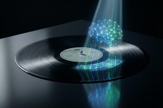 Eine Vinyl-Schallplatte auf dunklem Grund, durchleuchtet von einem Strahl mit blauen neuronalen Mustern. Die KI-Musik Erkennung schützt so Künstler vor Betrug.