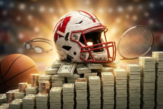 Rot-weißer Football-Helm auf Geldstapel zeigt Dominanz. Der Finanzbericht Wisconsin Athletics enthüllt abhängige, unscharfe Sportarten im Hintergrund.