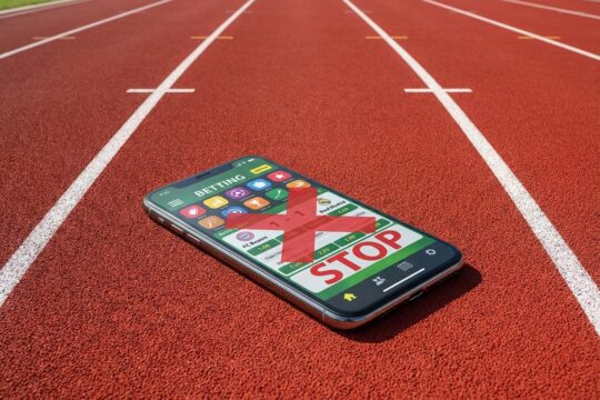Ein Smartphone mit Wett-App und einem STOP-Zeichen liegt auf einer Tartanbahn, symbolisch für die Strafe für Leichtathleten wegen verbotener Wetten.