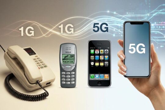 Die Geschichte der Mobilfunknetze als Zeitlinie: Von einem 80er-Jahre Autotelefon über Tastenhandys zu modernen 5G-Smartphones.