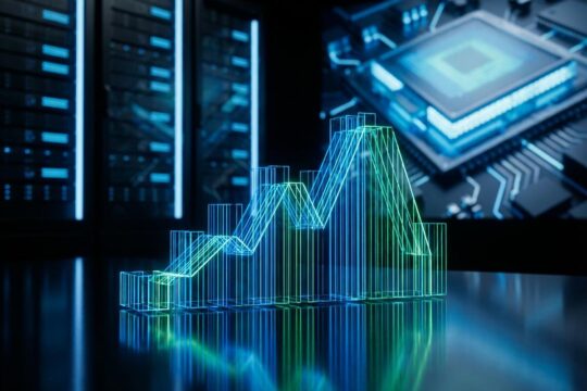 Eine 3D-Grafik mit leuchtenden Linien zeigt steigende und fallende Quartalszahlen auf dunkler Oberfläche, im Hintergrund Server-Racks der Tech Riesen.