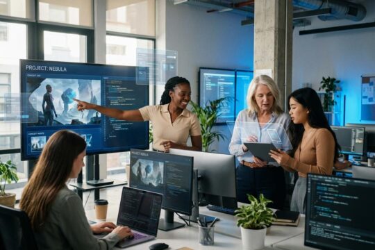 Diverse Frauen arbeiten selbstbewusst in einem Game-Entwicklerstudio. Eine präsentiert ein Konzept; Frauen in der Games-Branche diskutieren Designs.