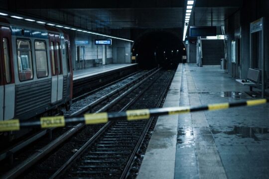 Szene am U-Bahnhof Wandsbek Markt nach dem tödlichen Vorfall: Verlassene Gleise, Tunnel und Polizeiabsperrband am Bahnsteig.
