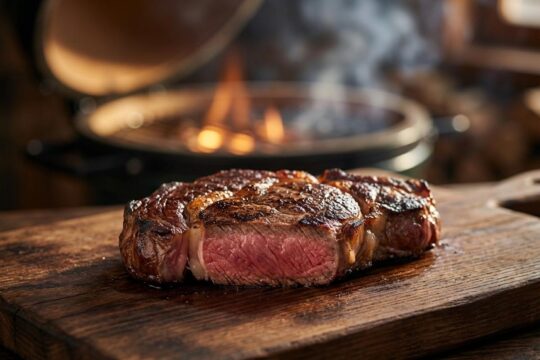 Saftiges, medium-rare Ribeye-Steak auf rustikalem Holzbrett, im Hintergrund glüht der Buchenholzgrill vom Steakhouse Waldegg Appenzell.