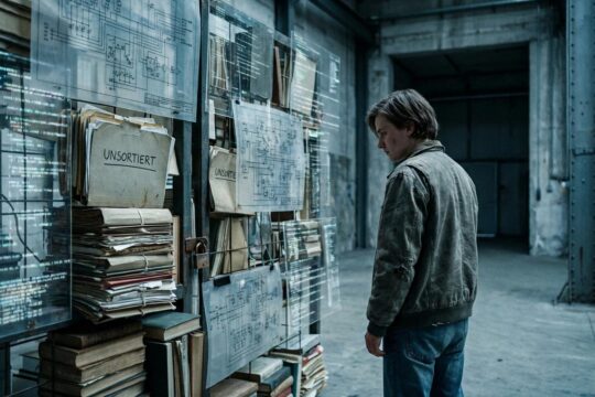 Ein junger Mensch blickt desillusioniert auf eine undurchdringliche Barriere aus Akten und Schaltplänen mit Vorhängeschloss. Dies visualisiert die Jugendarbeitslosigkeit Ursachen.