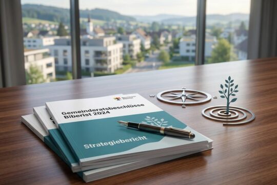 Holztisch mit Dokumenten, Füllfederhalter, Kompass, symbolisieren die Beschlüsse Gemeinderat Biberist und strategische Ausrichtung.