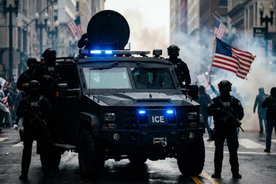 Ein gepanzertes ICE-Fahrzeug mit Agenten im Vordergrund, während im Hintergrund Proteste das eskalierende ICE Vorgehen in den USA symbolisieren.