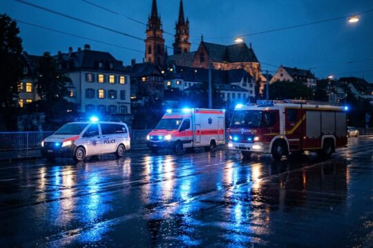 Pulsierende Blaulichter von Einsatzfahrzeugen auf einer regennassen Strasse in der Region Basel bei Dämmerung. Der Schein signalisiert Dringlichkeit.