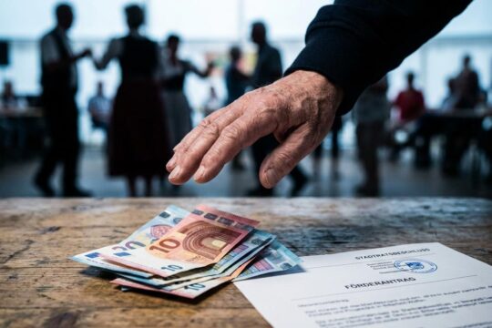 Zögerliche Hand über Euro-Banknoten und Stadtratsbeschluss. Im Hintergrund unscharfes Vereinsleben. Unsichere Fördergelder Bitterfeld-Wolfen.