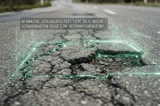 Stark beanspruchte Asphaltstraße mit Rissen und beginnendem Schlagloch, digital überlagert zur Erfassung des Straßenzustands mit KI.