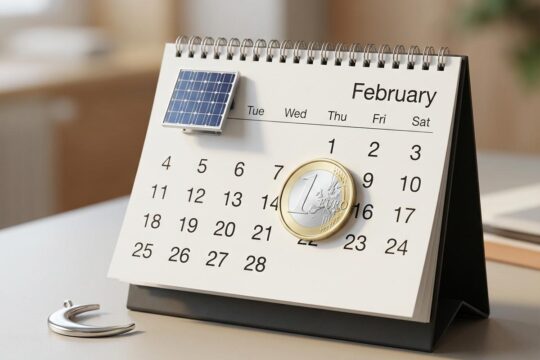Eleganter Tischkalender, aufgeschlagen auf Februar, mit 1-Euro-Münze, Solarpanel und Halbmond-Anhänger. Das ändert sich im Februar für Finanzen und Energie.