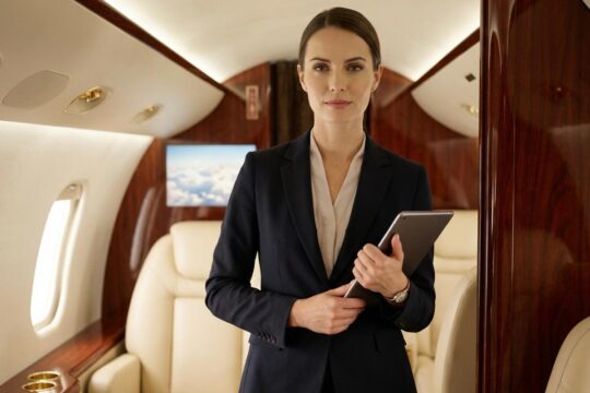 Eine selbstbewusste Flugbegleiterin in moderner Uniform steht im luxuriösen Privatjet, das Gehalt Flugbegleiter Privatjet reflektiert diesen High-End-Service.