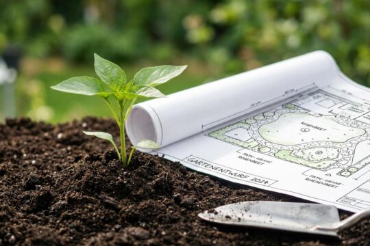 Junge Pflanze, detaillierter Gartenentwurf und Spaten auf Erde. Diese Werkzeuge sind wesentlich, um erfolgreich einen Gartenbau zu gründen.