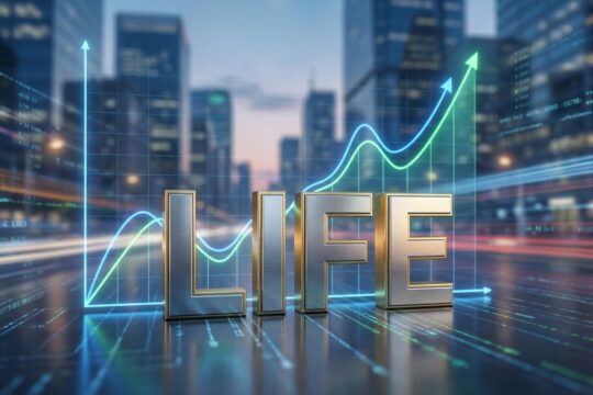 Stilisiertes LIFE Tickersymbol vor einer Börsenkursgrafik mit anfänglichem Rückgang und stetigem Anstieg. Das visualisiert den Ethos Börsengang.