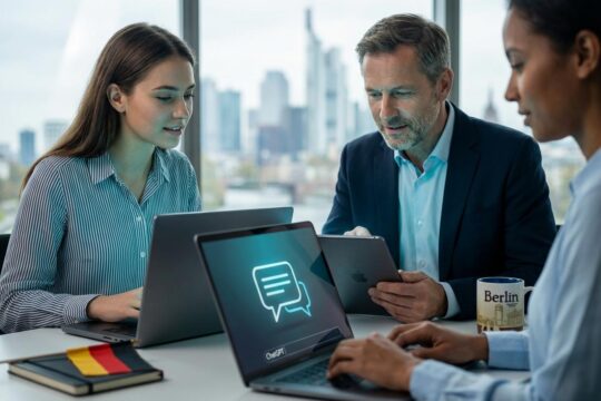 Eine diverse Gruppe praktiziert die ChatGPT Nutzung in Deutschland in einem modernen Büro mit leuchtenden KI-Chat-Interfaces.