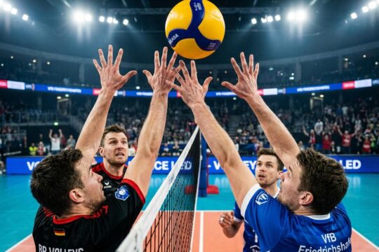Spieler der BR Volleys und des VfB Friedrichshafen blocken den Volleyball dramatisch über dem Netz. Ihre Anspannung spiegelt die Intensität wider.