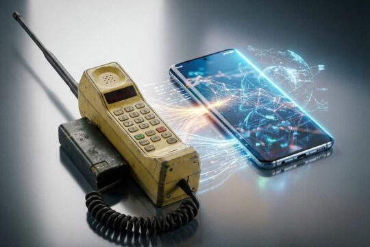 Das klobige 1G-Autotelefon der 80er und ein modernes 5G-Smartphone, verbunden durch einen Energiepfad, zeigen die Geschichte der Mobilfunknetze.