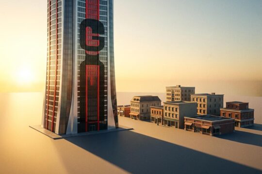 Ein hochmoderner Wolkenkratzer, der GameStop symbolisiert, wirft einen langen Schatten auf kleinere Einzelhandelsgebäude und deutet eine GameStop große Übernahme bei Dämmerung an.