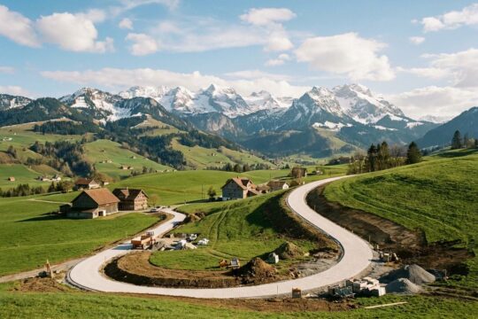 Sonnige Appenzeller Landschaft mit neuem Weg und Erdarbeiten zeigt Wachstum und nötige Investitionen für das Appenzeller Kantonalbank Geschäftsergebnis.